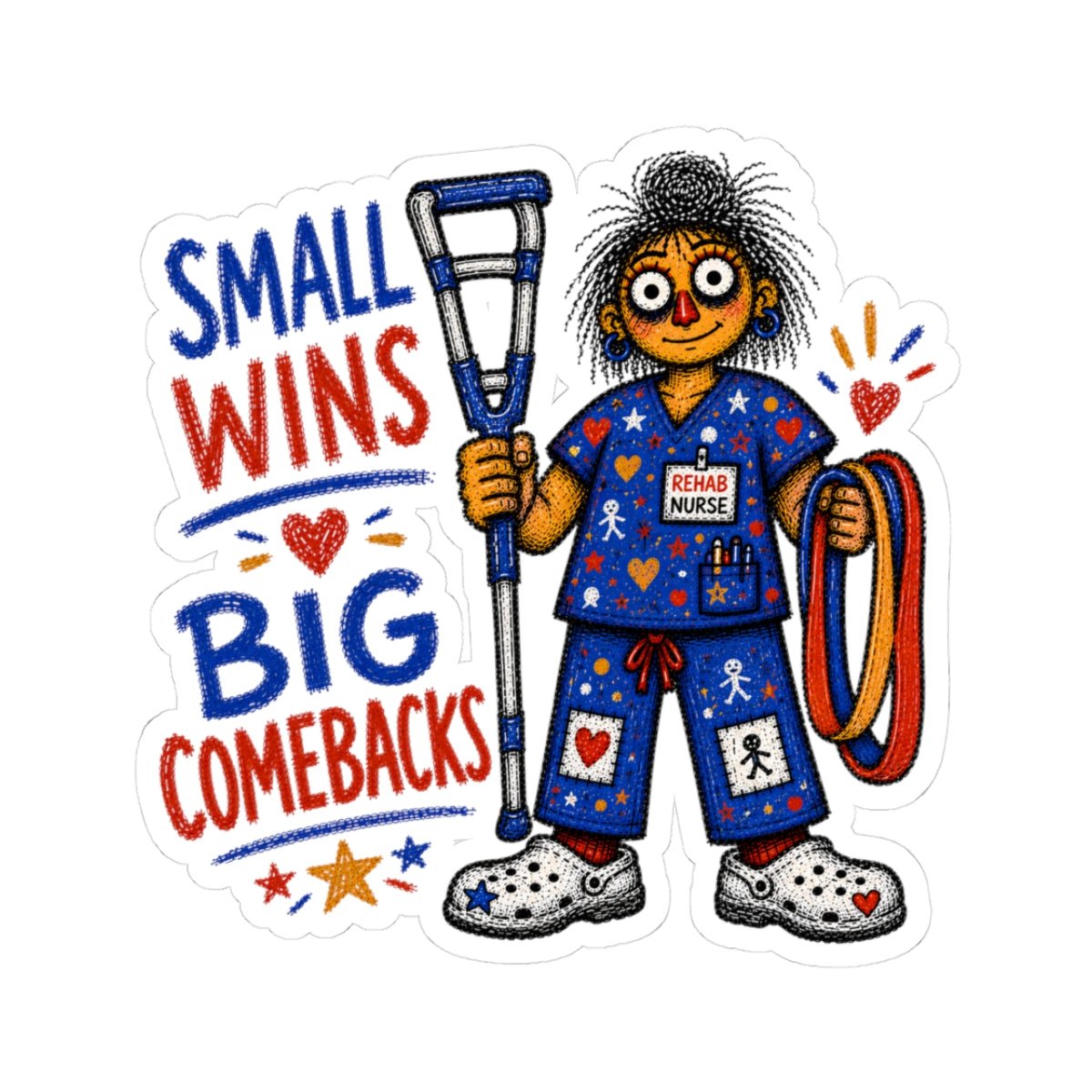 Rehab Nurse sticker with crutch, resistance band and Small Wins Big Comebacks quote