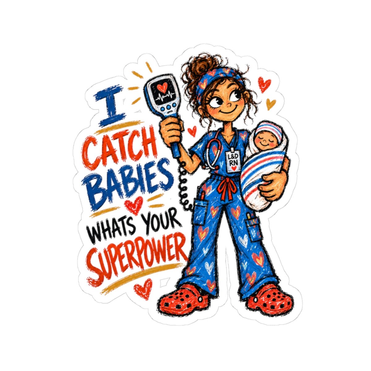 L&D Nurse sticker with fetal doppler, newborn and I Catch Babies Whats Your Superpower quote