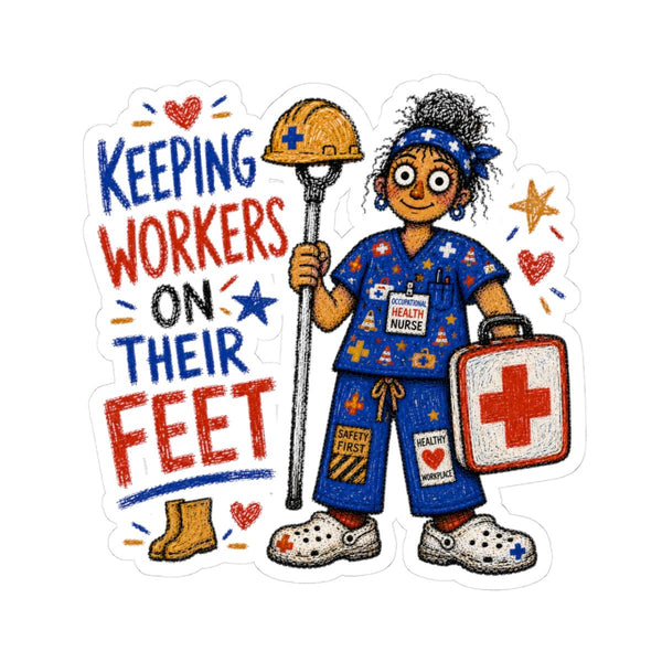 Occupational Health Nurse sticker with hard hat, first aid kit and Keeping Workers on Their Feet quote