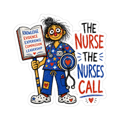 CNS Nurse sticker with knowledge and leadership book and The Nurse the Nurses Call quote