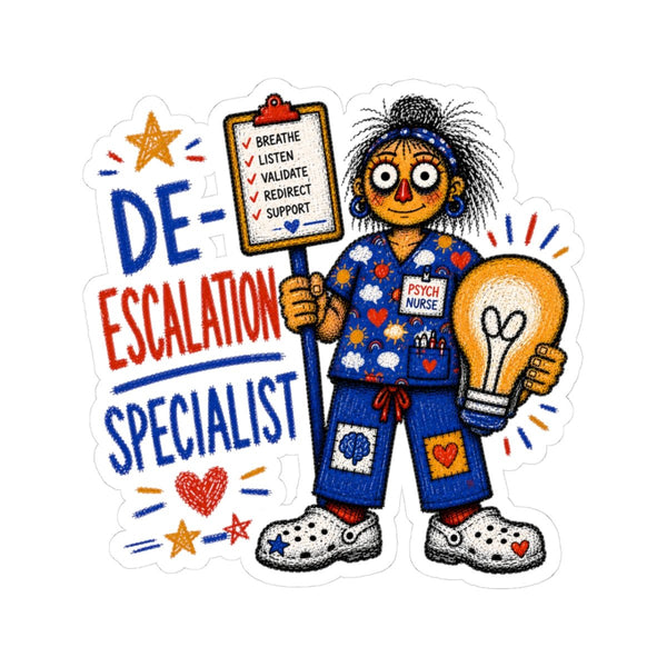 Psych Nurse sticker with de-escalation sign, lightbulb and De-Escalation Specialist quote