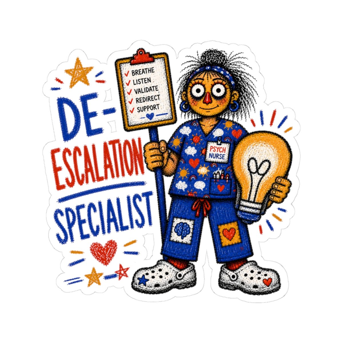 Psych Nurse sticker with de-escalation sign, lightbulb and De-Escalation Specialist quote