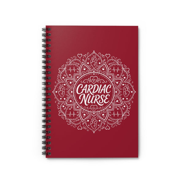 Red Cardiac Nurse spiral notebook with white mandala, anatomical hearts, ECG lines, and heart details