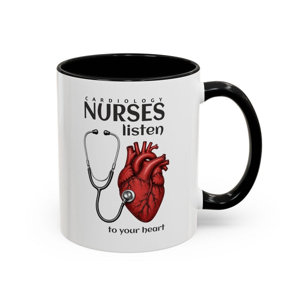 White and black Cardiology Nurse mug with anatomical heart, stethoscope, and Nurses Listen to Your Heart design