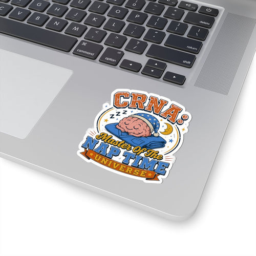 CRNA sticker with Master of the Nap Time Universe design and sleeping brain in scrub cap on laptop