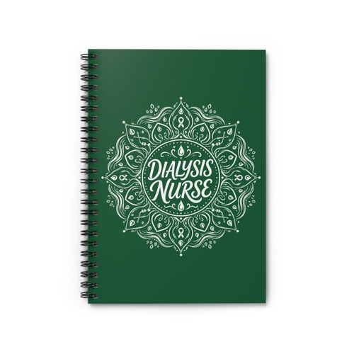 Green Dialysis Nurse spiral notebook with white mandala, awareness ribbons, and water-drop design