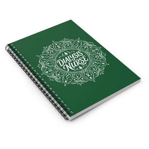 Green Dialysis Nurse spiral notebook with white mandala, awareness ribbons, and water-drop design