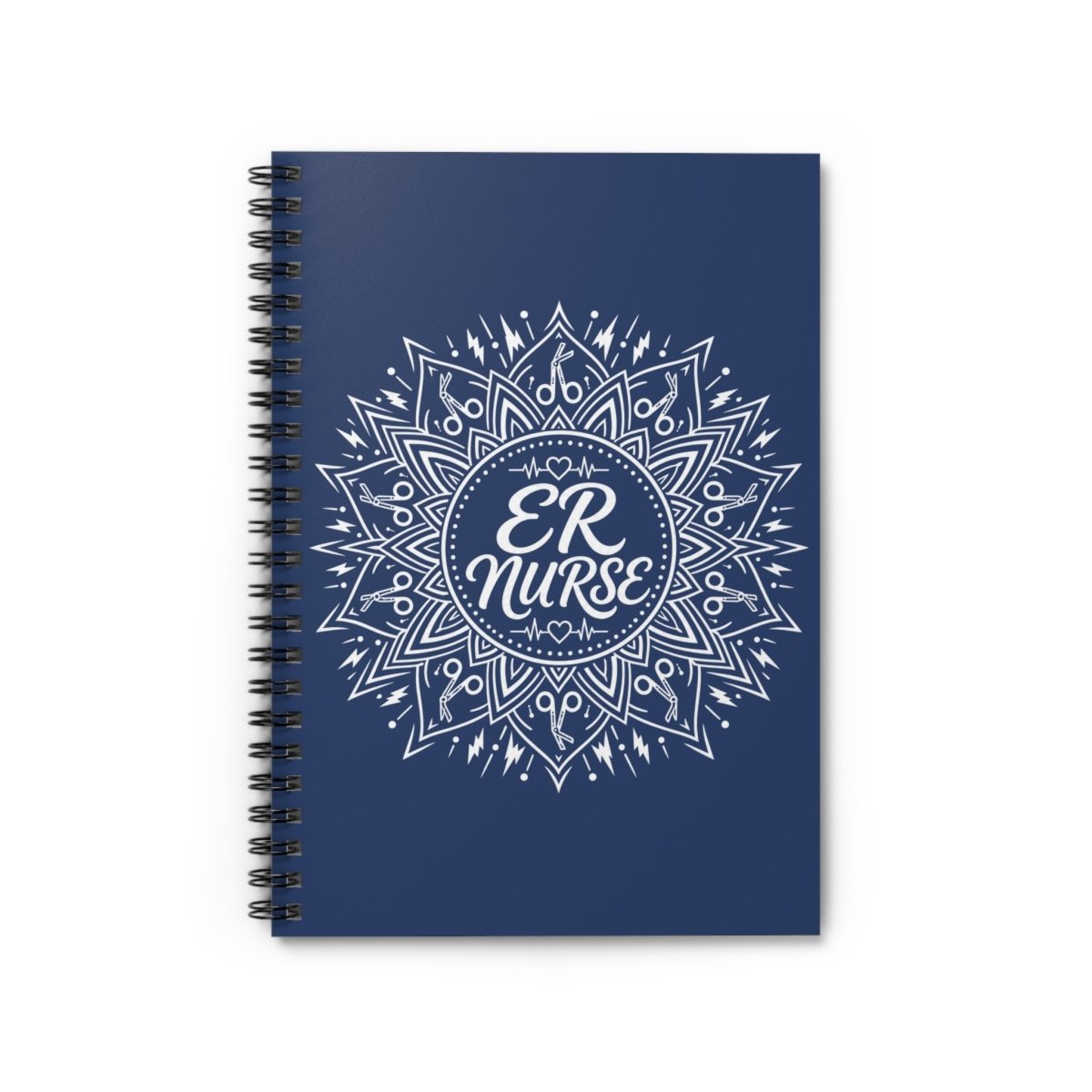 Navy blue ER Nurse spiral notebook with white mandala, trauma shears, ECG hearts, and lightning details