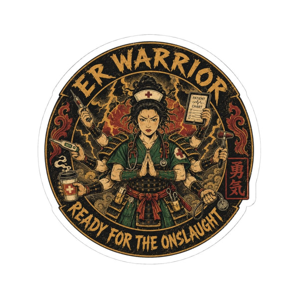 ER Nurse Warrior sticker with medical gear and Ready for the Onslaught design for emergency RNs