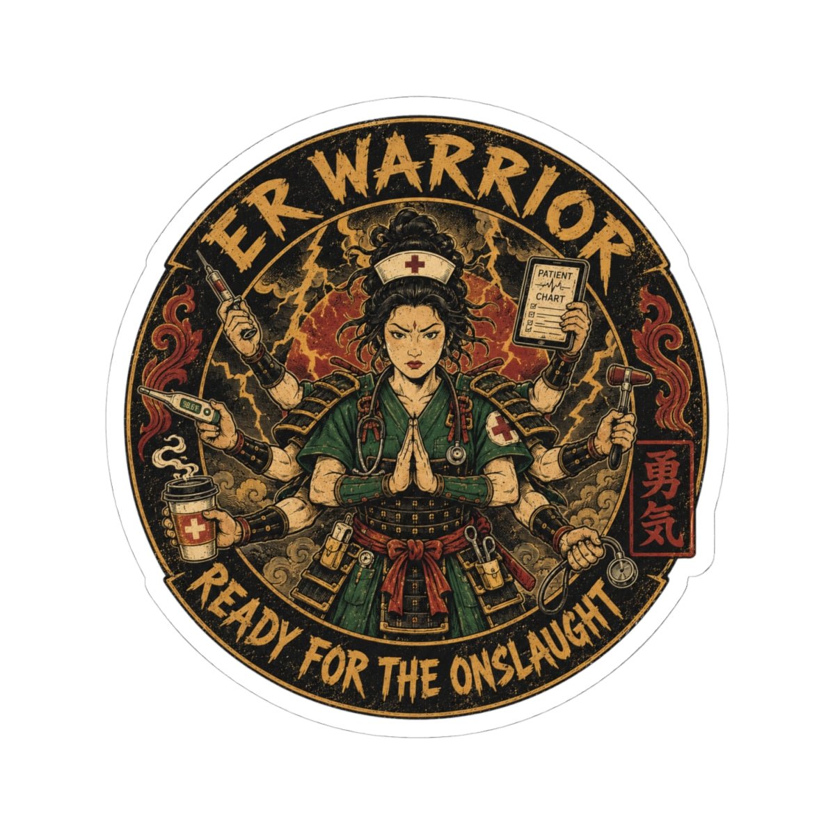 ER Nurse Warrior sticker with medical gear and Ready for the Onslaught design for emergency RNs