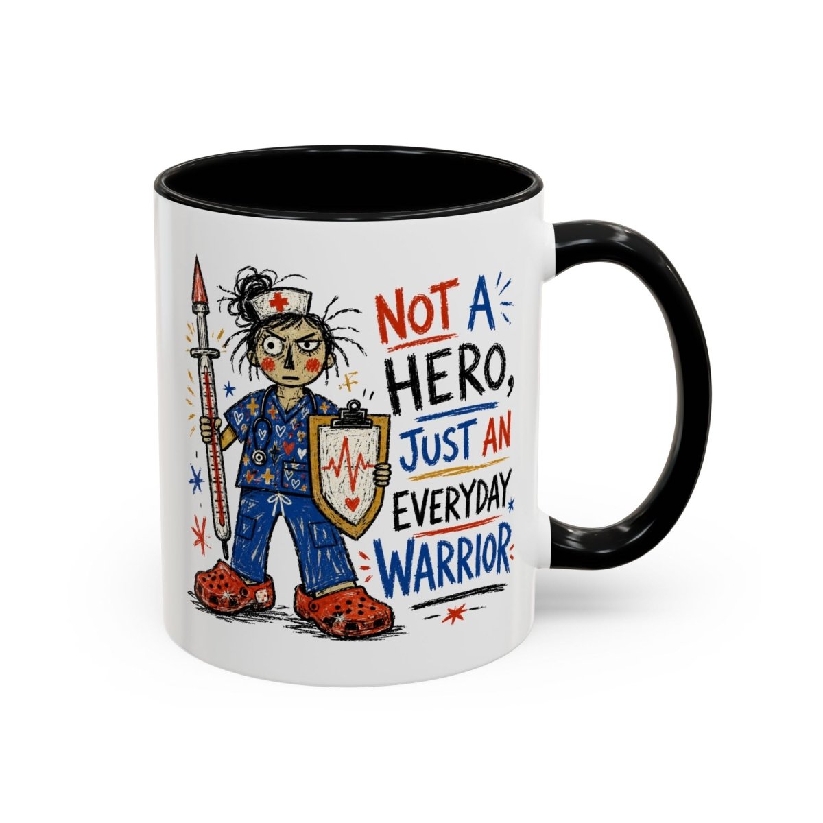 White and black nurse mug with Not a Hero Just an Everyday Warrior text and colorful nurse illustration