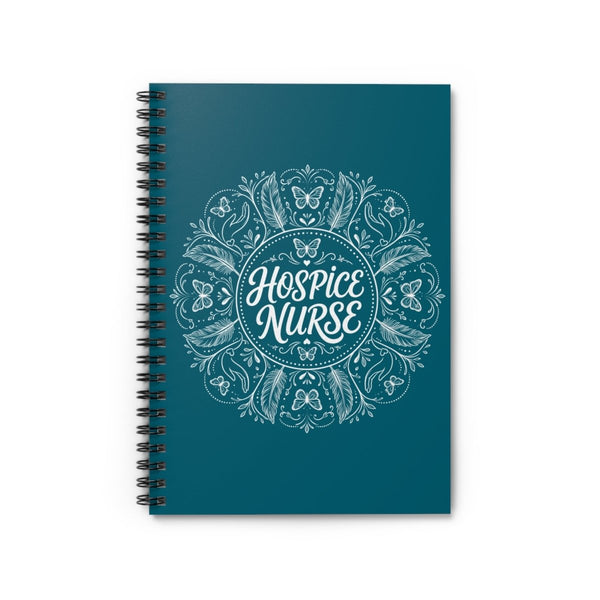 Teal Hospice Nurse spiral notebook with white butterfly, feather, and botanical mandala design