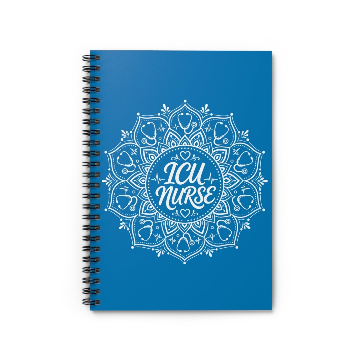 Blue ICU Nurse spiral notebook with white mandala, stethoscopes, ECG lines, and heart details