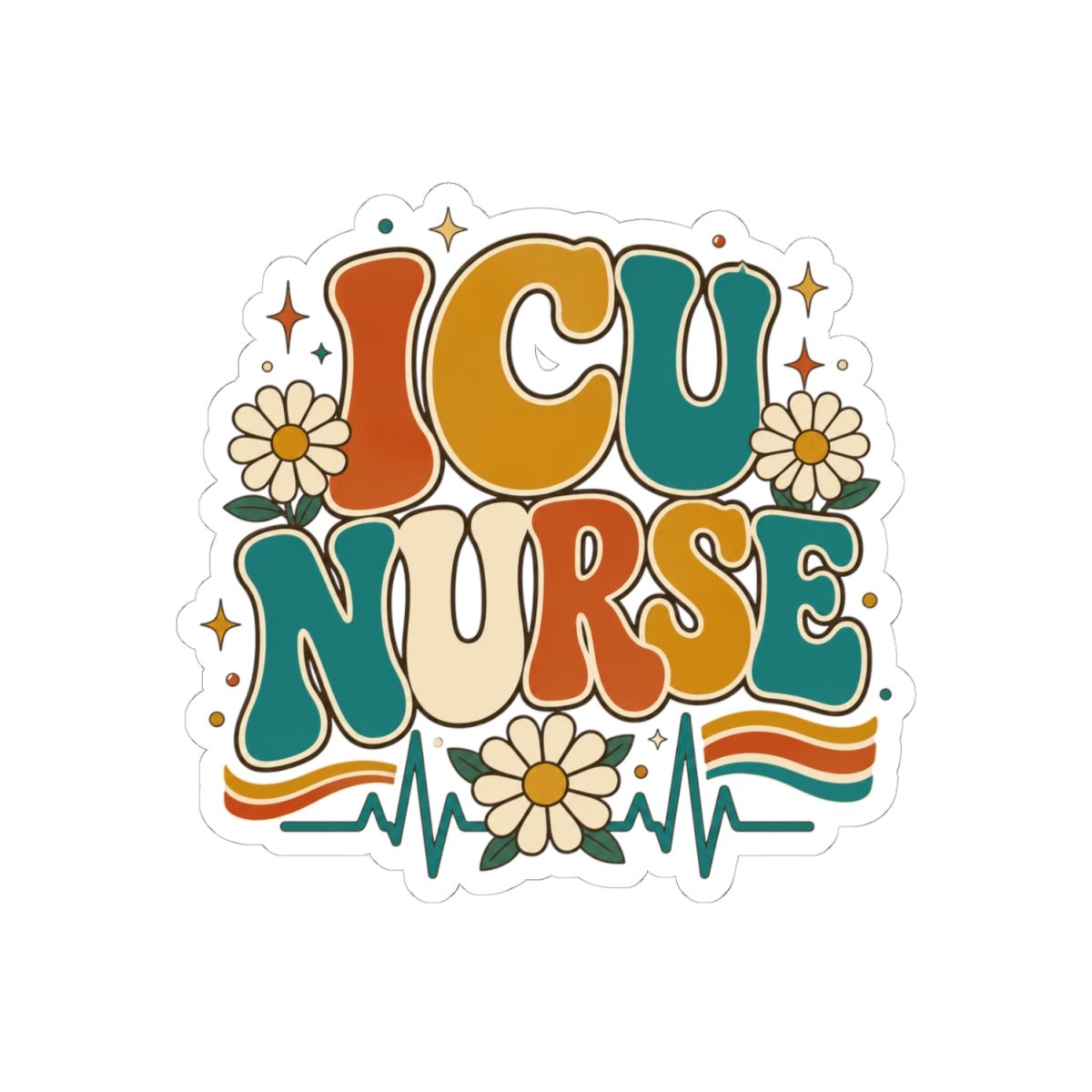 Retro ICU Nurse sticker with daisies and EKG heartbeat, critical care RN gift for intensive care nurses