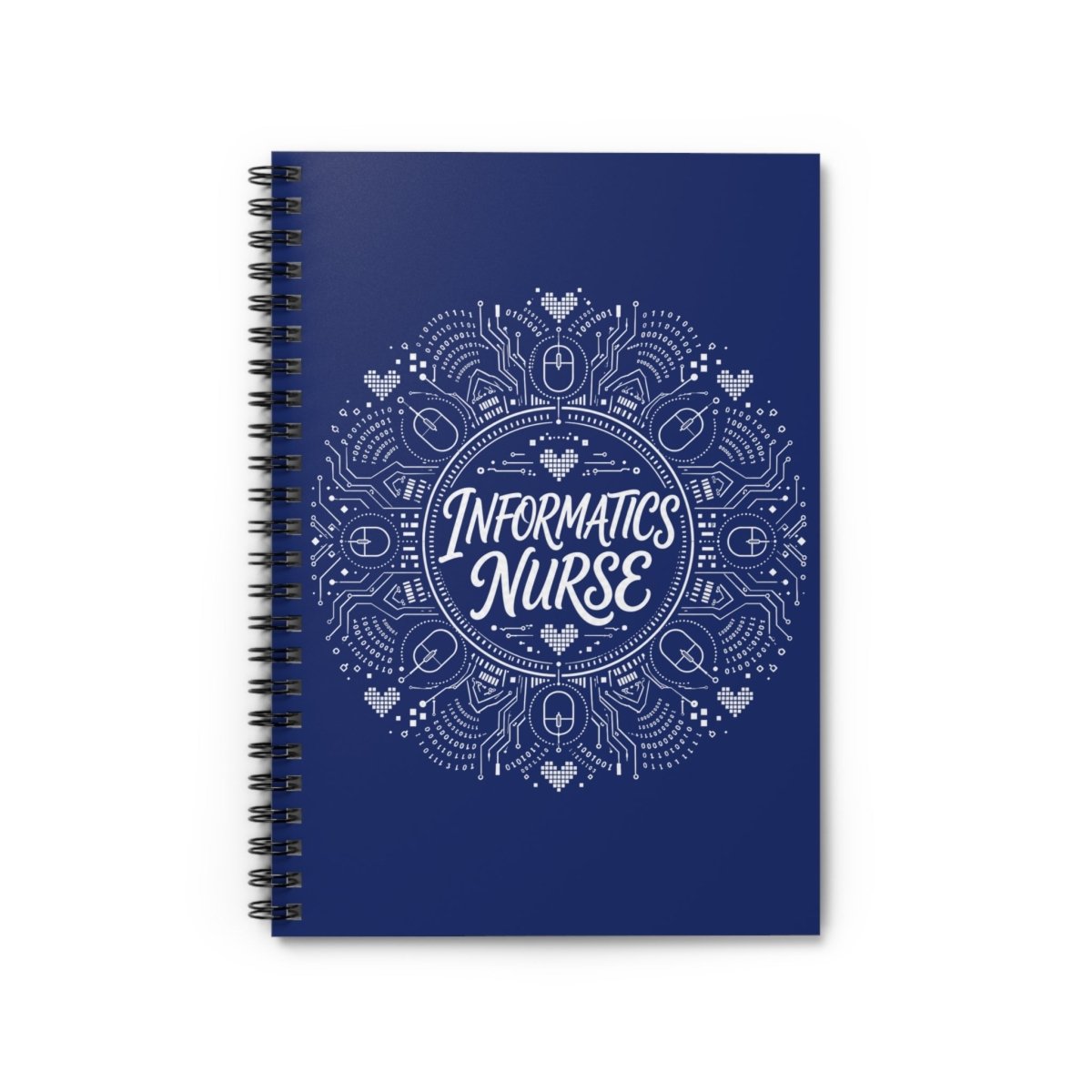 Navy blue Informatics Nurse spiral notebook with white circuit, computer, heart, and technology design