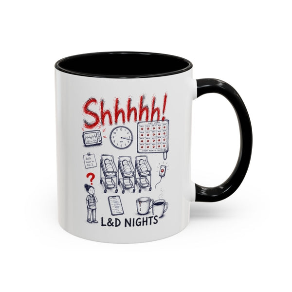 White and black L&D night shift nurse mug with sleeping babies, call lights, monitors, clock, and coffee design