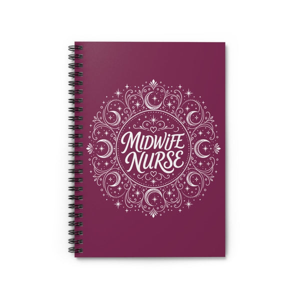 Burgundy Midwife Nurse spiral notebook with white celestial mandala, moons, stars, and heart details