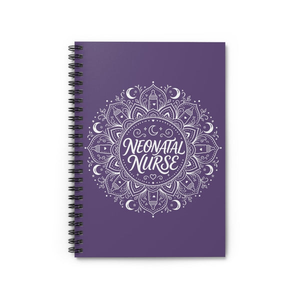 Purple Neonatal Nurse spiral notebook with white mandala, moons, stars, and baby bottle design