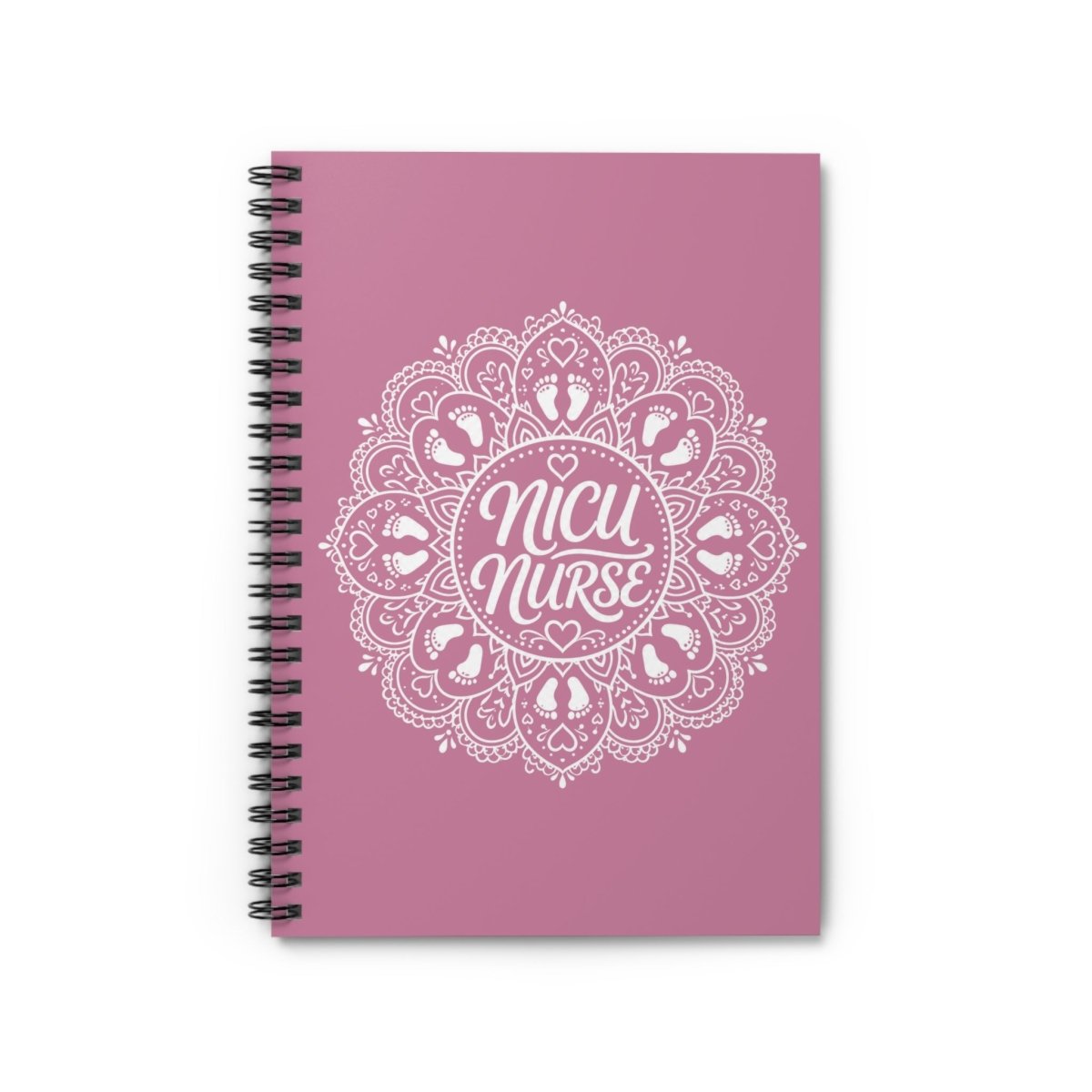 Pink NICU Nurse spiral notebook with white mandala, baby footprints, hearts, and decorative details