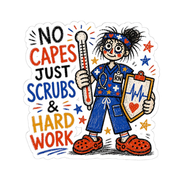 Colorful nurse sticker with No Capes Just Scrubs & Hard Work text, RN, thermometer, and clipboard illustration