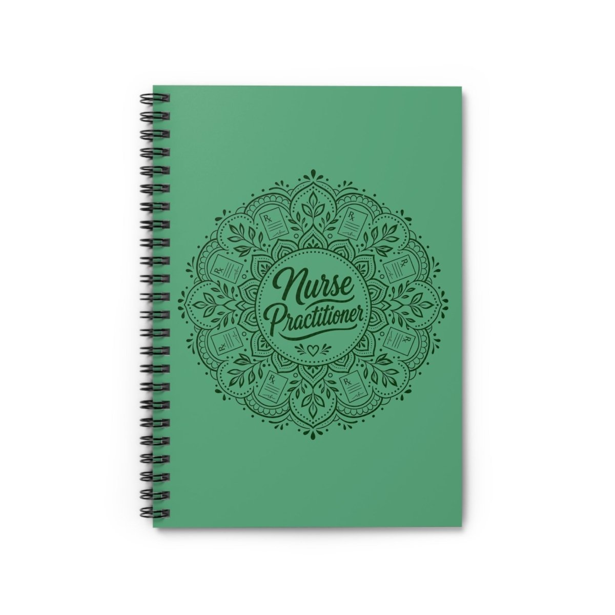 Green Nurse Practitioner spiral notebook with botanical mandala, prescription bottles, leaves, and heart details