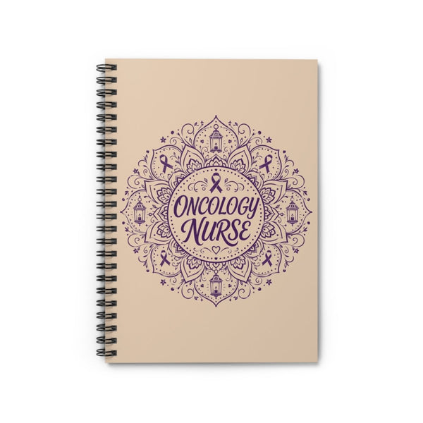 Beige Oncology Nurse spiral notebook with purple mandala, awareness ribbons, lanterns, and heart details