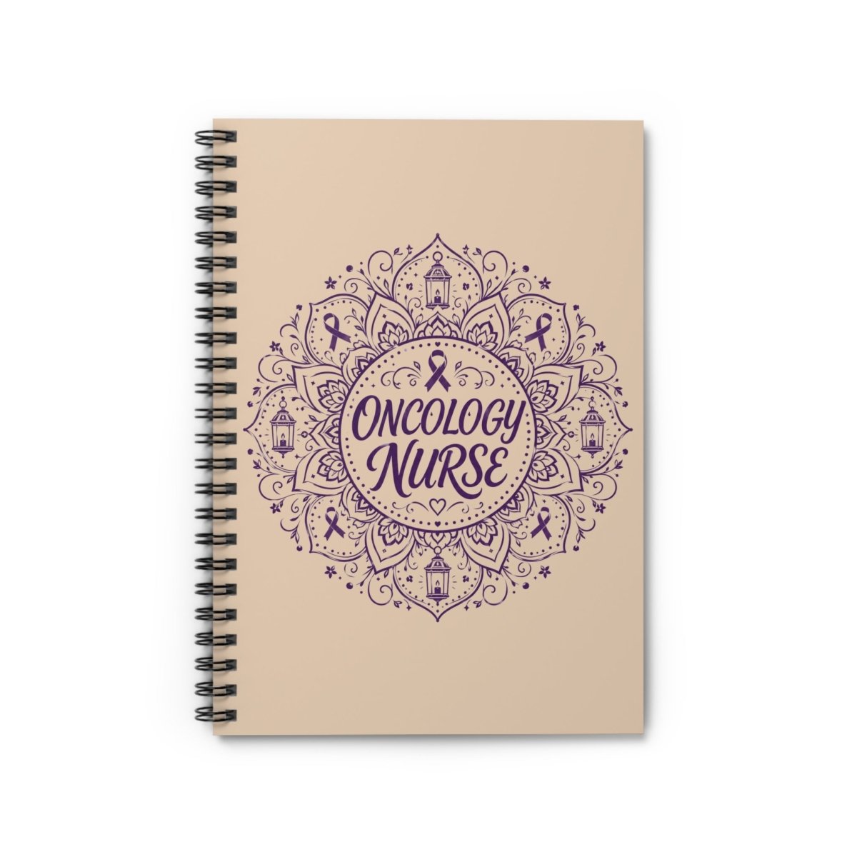 Beige Oncology Nurse spiral notebook with purple mandala, awareness ribbons, lanterns, and heart details