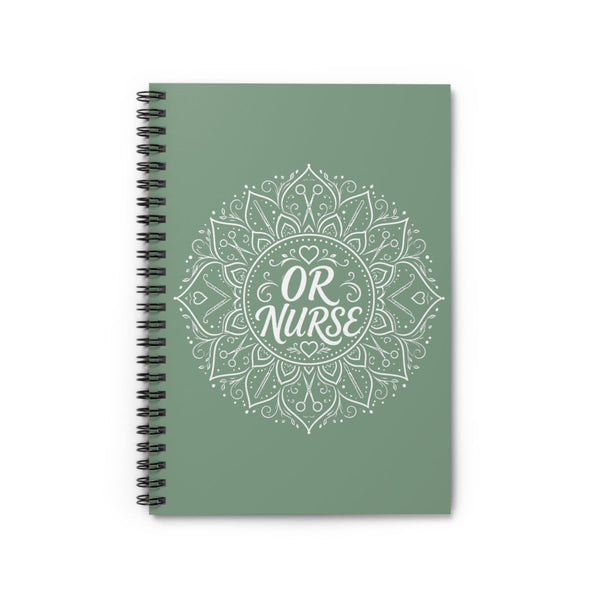 Sage green OR Nurse spiral notebook with white mandala, surgical scissors, hearts, and medical details