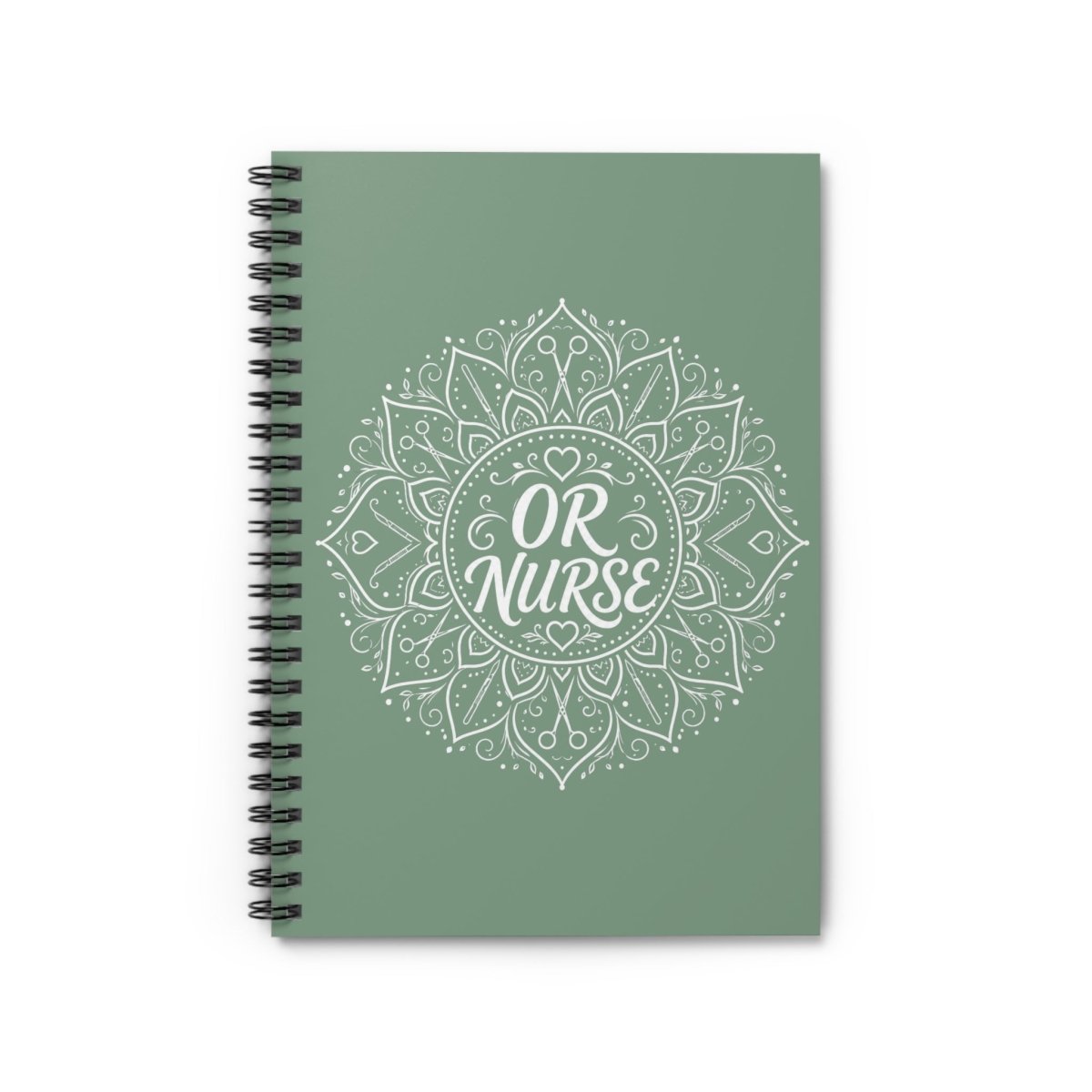 Sage green OR Nurse spiral notebook with white mandala, surgical scissors, hearts, and medical details
