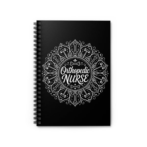 Black Orthopedic Nurse spiral notebook with white mandala, bone, and orthopedic hammer design