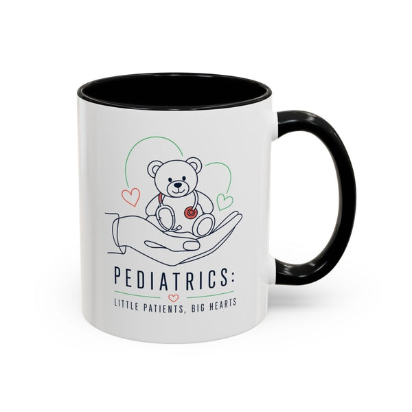 White and black pediatric nurse mug with teddy bear, stethoscope, hearts, and Little Patients Big Hearts design
