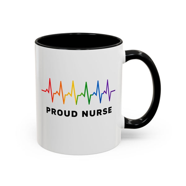 White and black Proud Nurse mug with rainbow ECG heartbeat design and bold black lettering