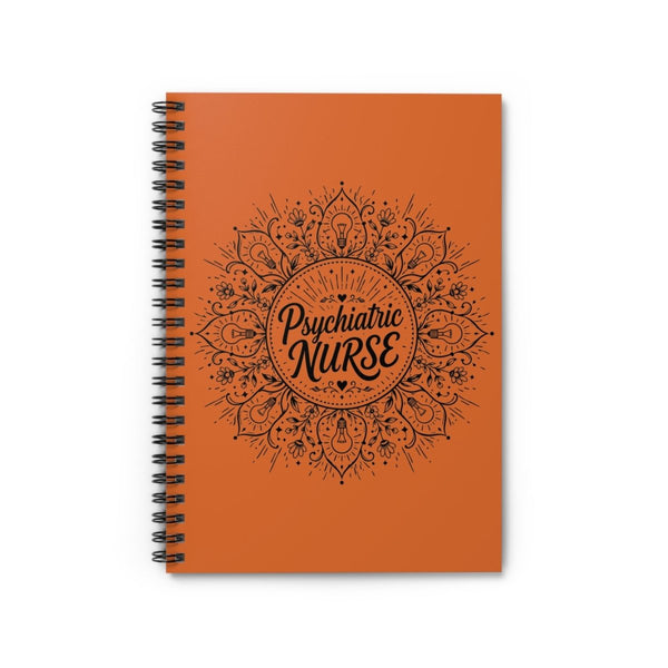 Orange Psychiatric Nurse spiral notebook with black floral mandala and light bulb design