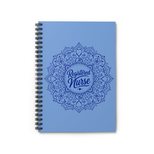 Light blue Registered Nurse spiral notebook with medical mandala, bandages, stethoscopes, flowers, and hearts