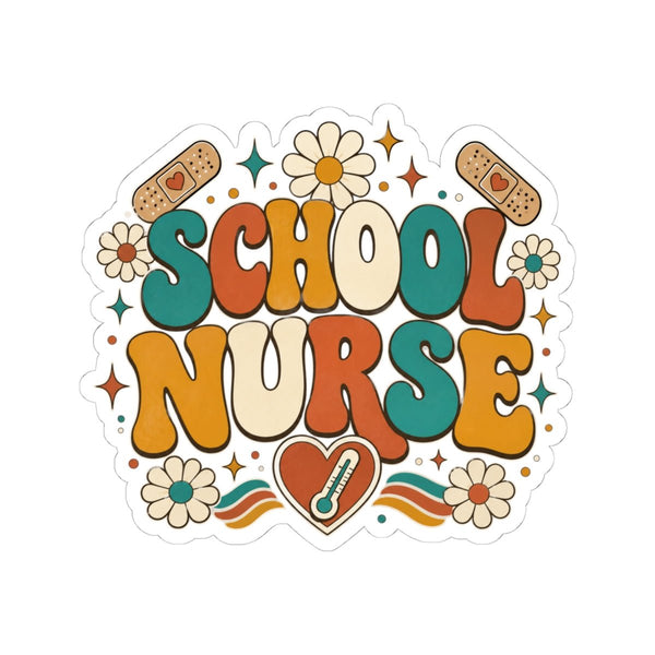 Retro School Nurse sticker with bandages, daisies and thermometer heart, school RN gift for nurses