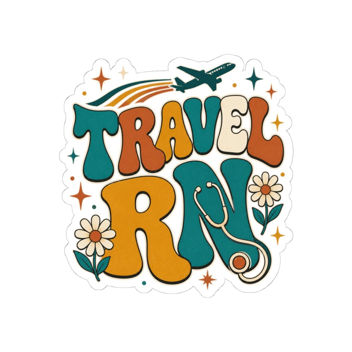 Retro Travel RN sticker with airplane, stethoscope and flowers for traveling nurses